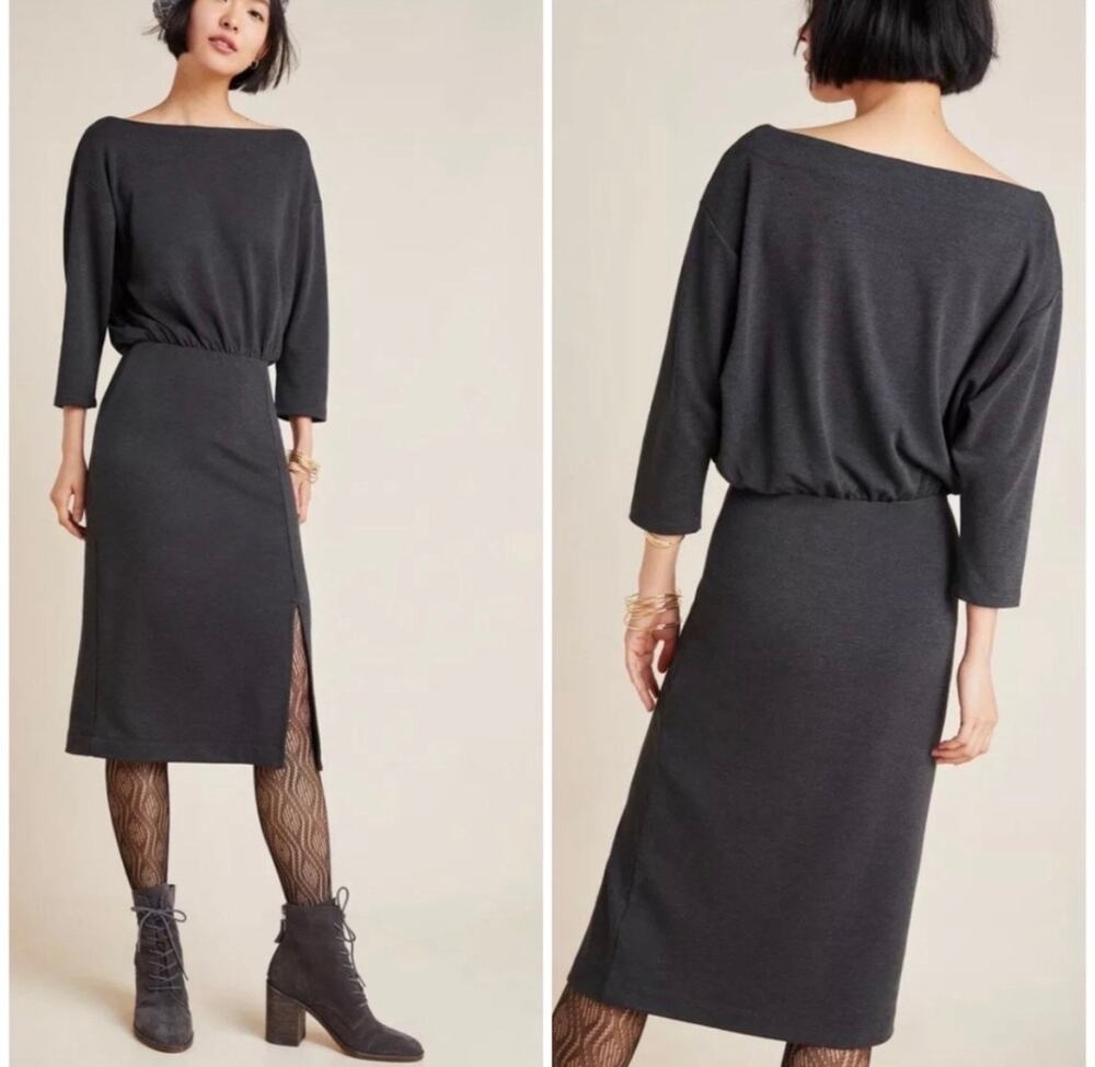 Anthropologie Charcoal Gray Knit Midi Column Dress Boat Neck 3/4 Sleeve Size M